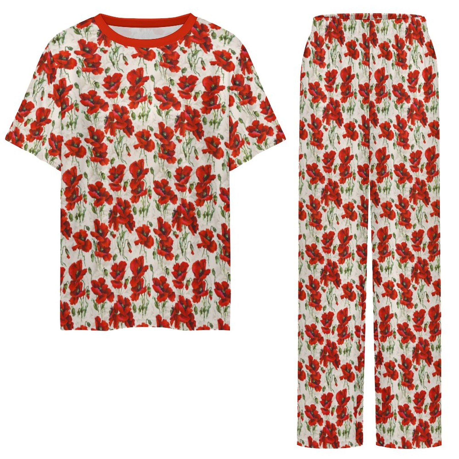 180gsm Short Sleeved Pajama Set(All-Over Printing) floral print beige and red