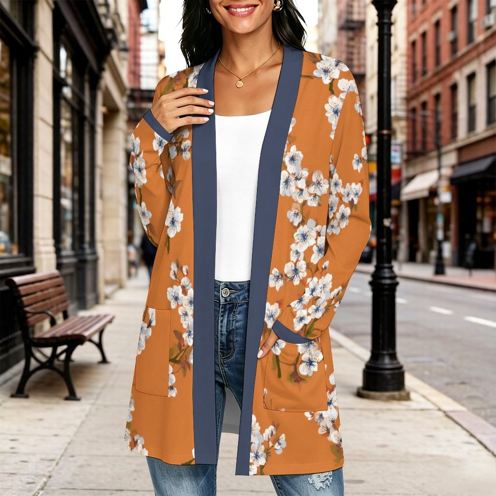 180gsm Women's Long Sleeve Cardigan With Pockets(All-Over Printing) white dogwood pattern orange background