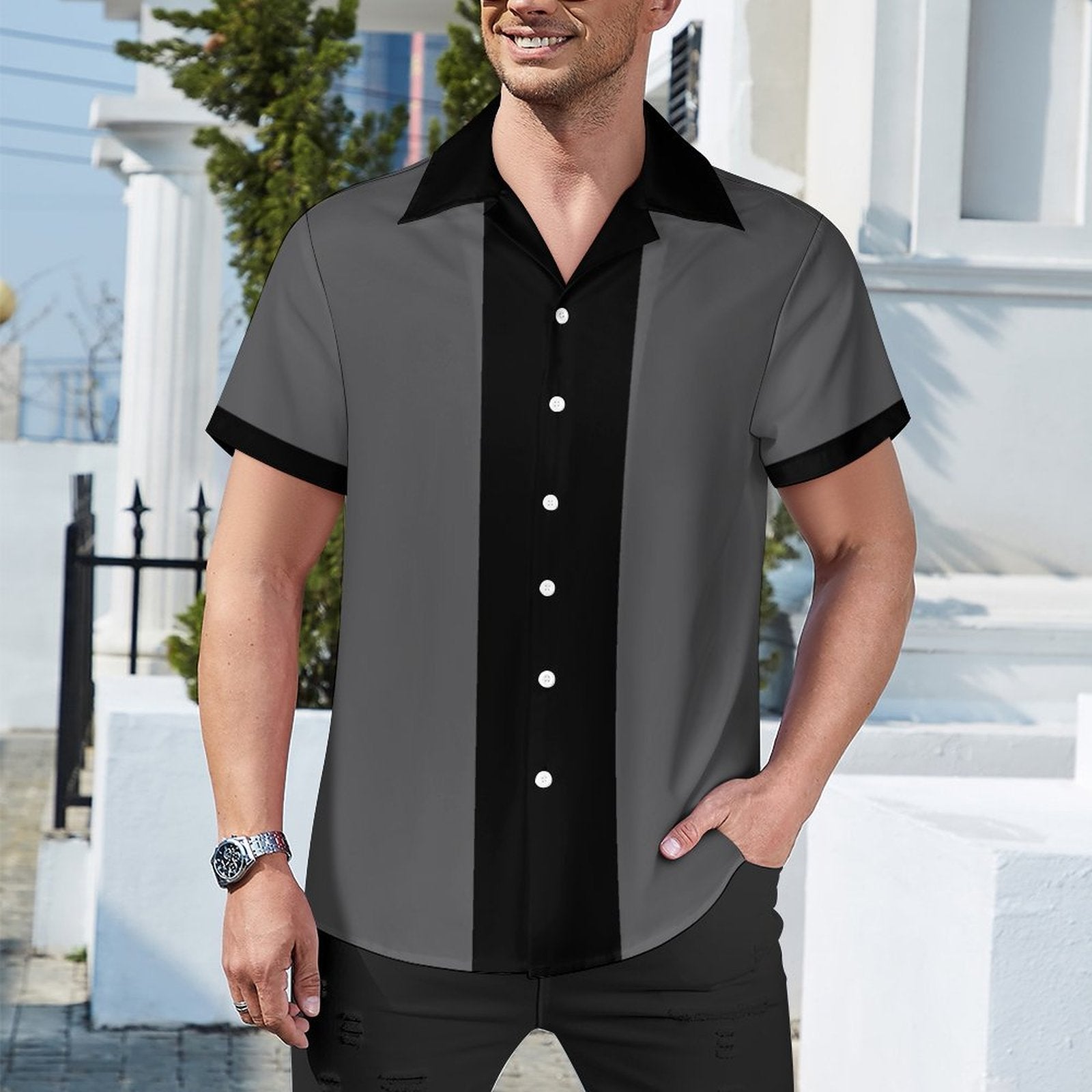 Short Sleeve Cuban Collar Shirt(All-Over Printing) gray skull