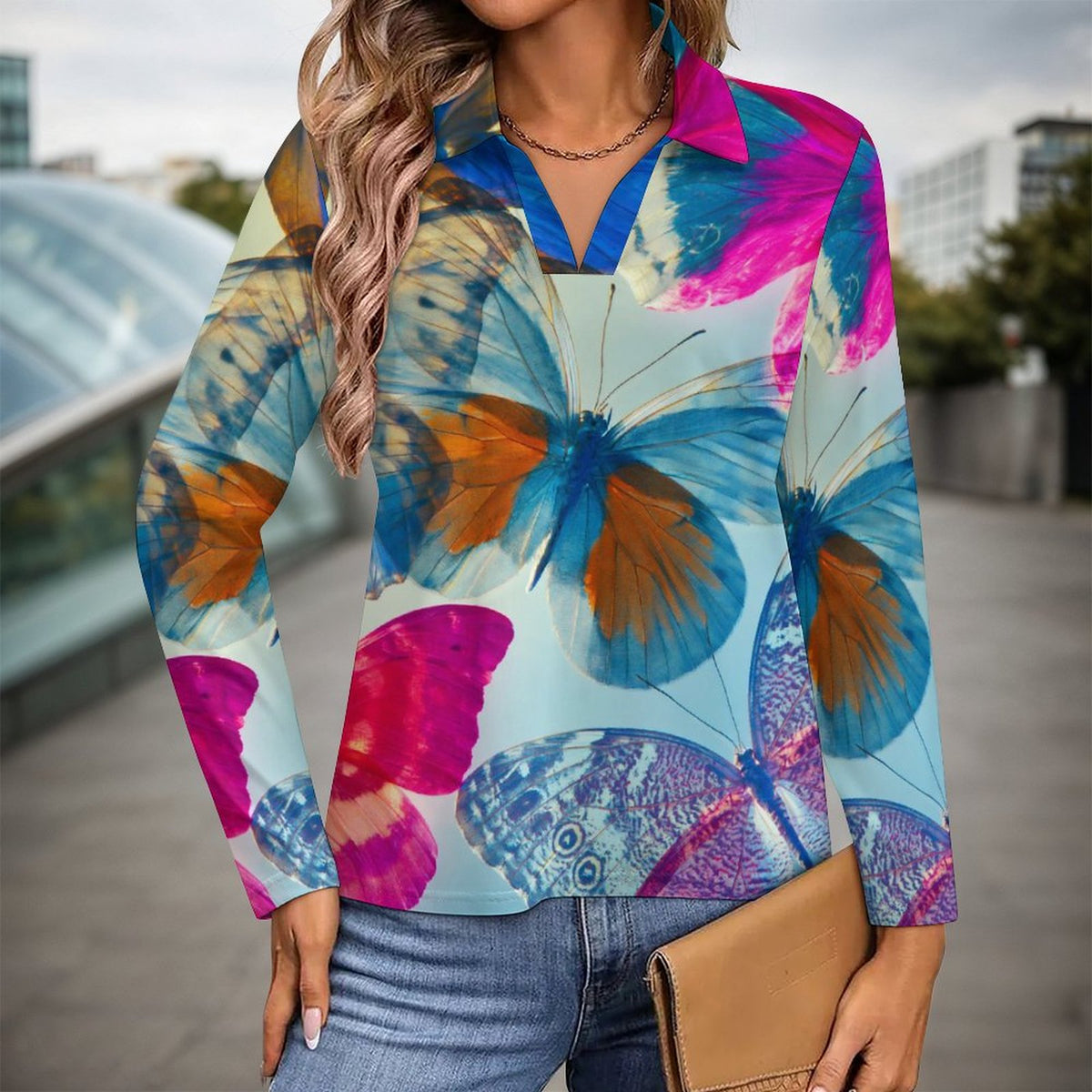 Pink and Blue Butterfly V Neck