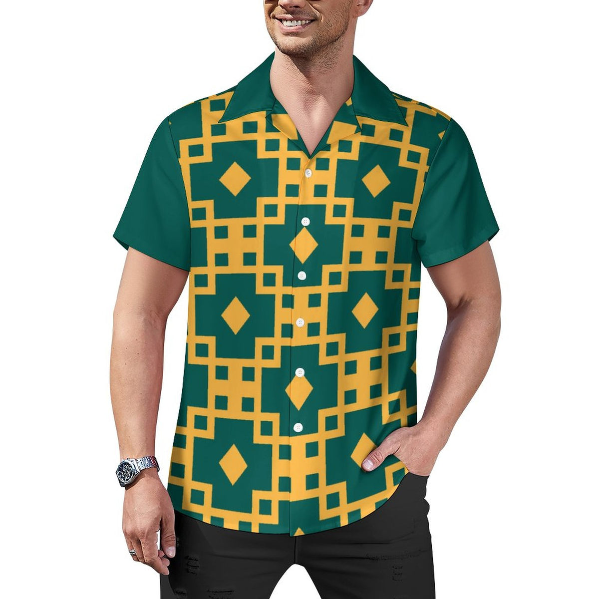 Short Sleeve Cuban Collar Shirt(All-Over Printing) green and yellow grid