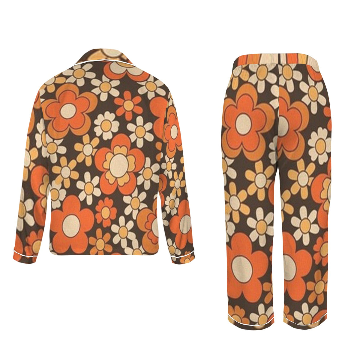 Women's Satin Pajama Set Retro Flower Power Orange