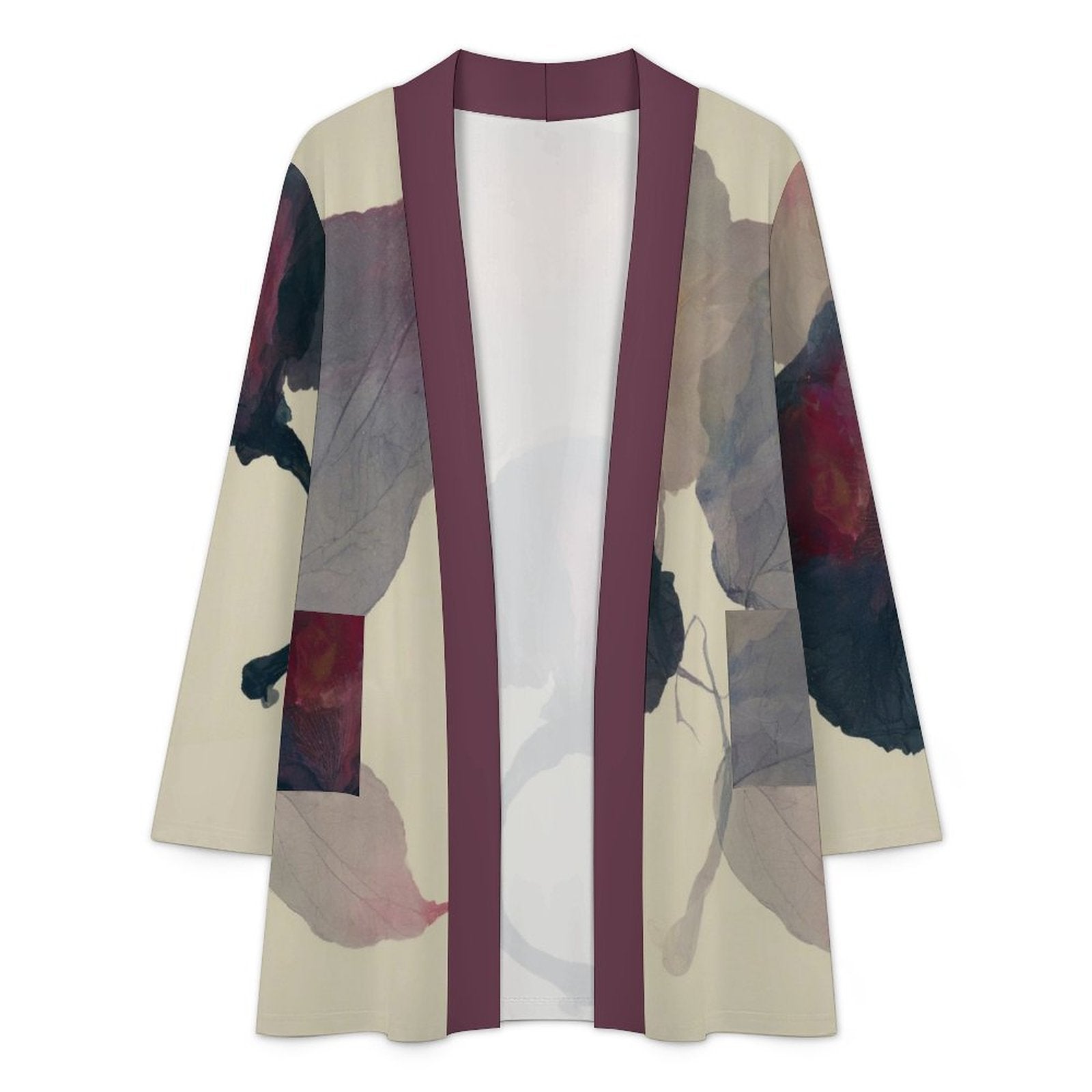 180gsm Women's Long Sleeve Cardigan With Pockets(All-Over Printing) floral purple