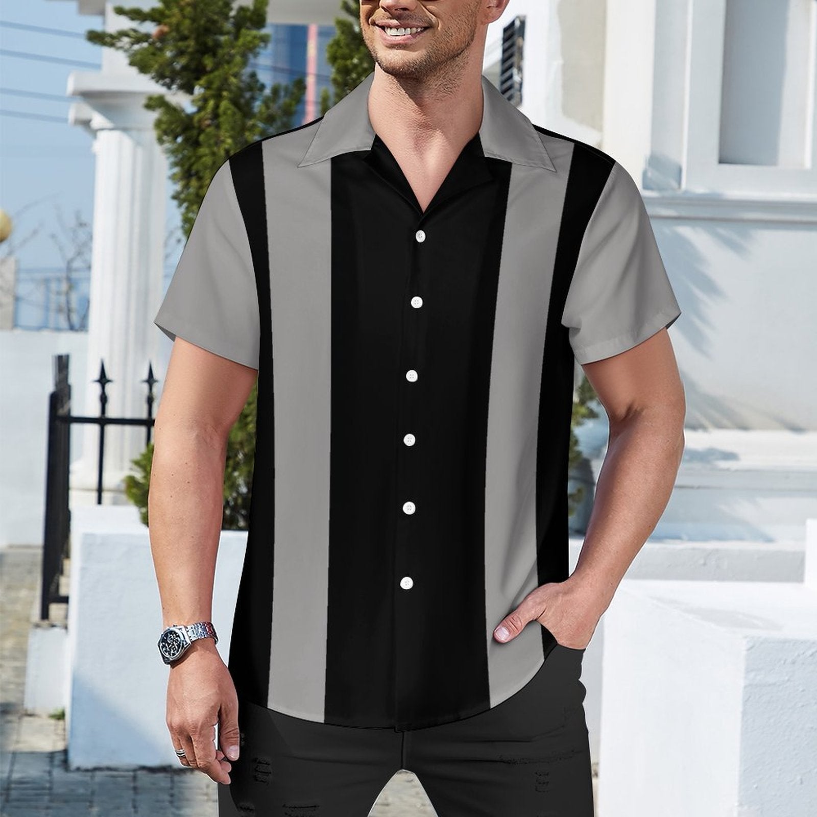 Short Sleeve Cuban Collar Shirt(All-Over Printing) black and gray