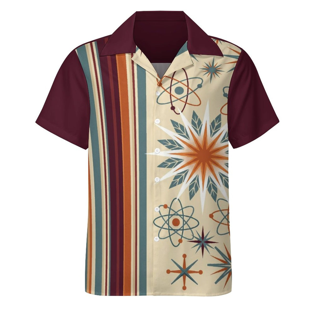 Short Sleeve Cuban Collar Shirt(All-Over Printing) burgundy retro pattern beige starburst