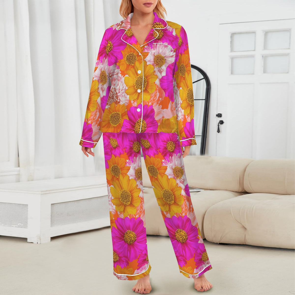Women's 1950s Pop Art Floral Satin Pajama Set