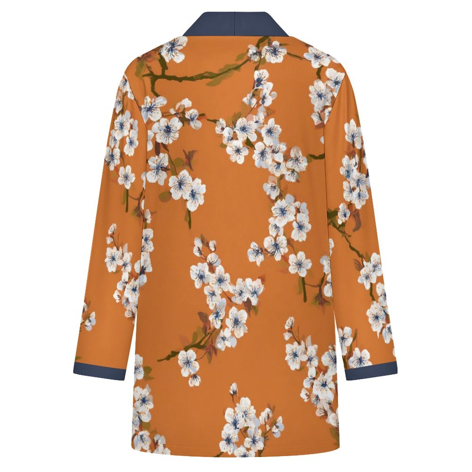 180gsm Women's Long Sleeve Cardigan With Pockets(All-Over Printing) white dogwood pattern orange background