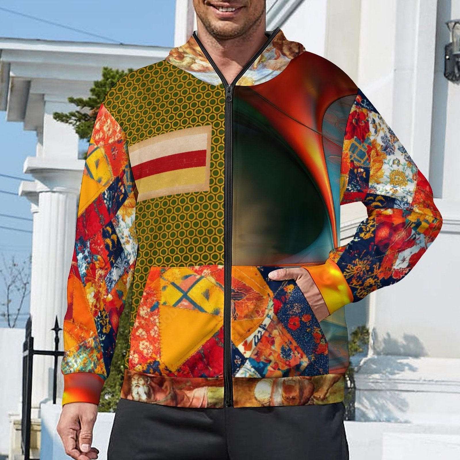 280gsm Full Zip Hoodie For Men(All-Over Printing)bright multicolor patchwork