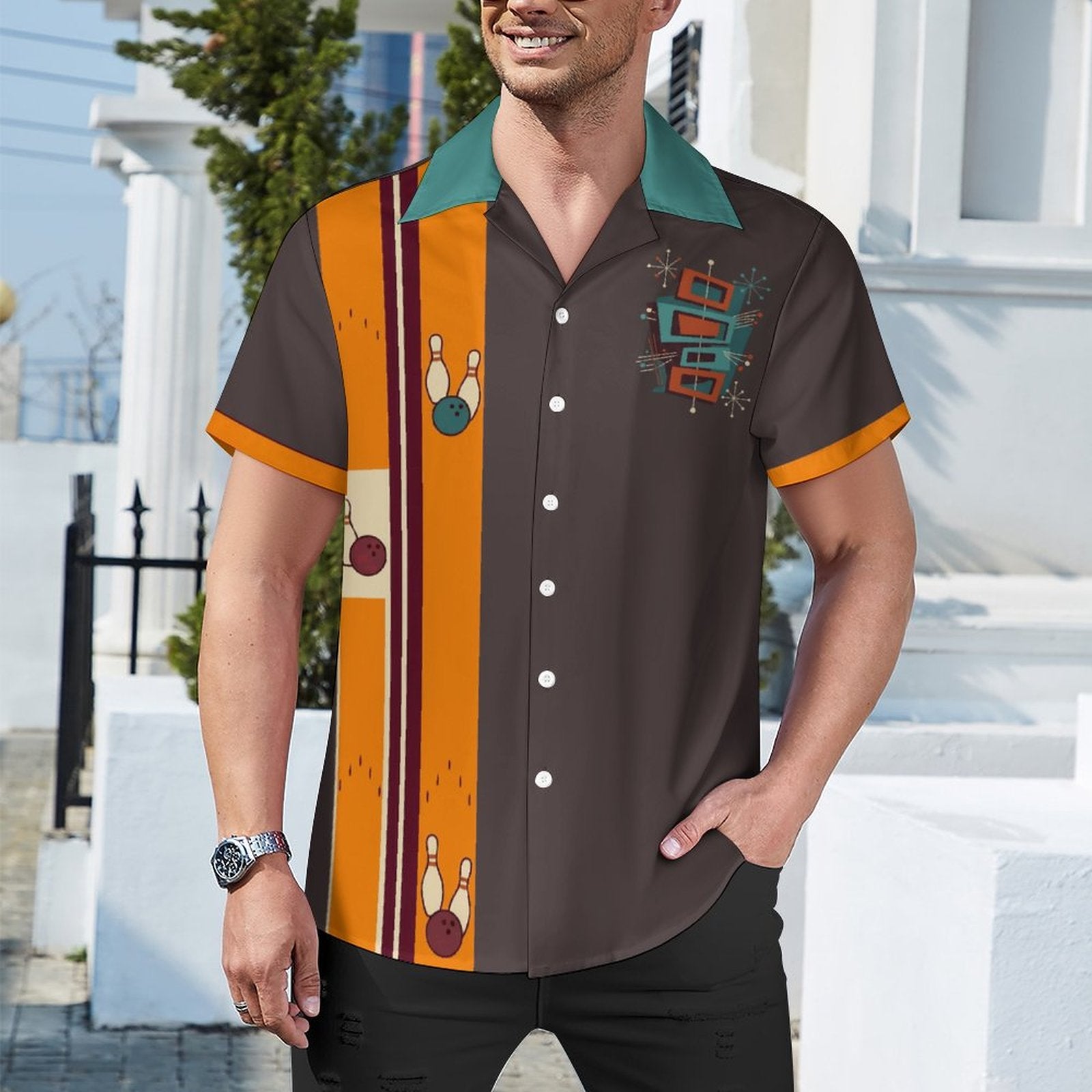 Short Sleeve Cuban Collar Shirt(All-Over Printing) brown bowler