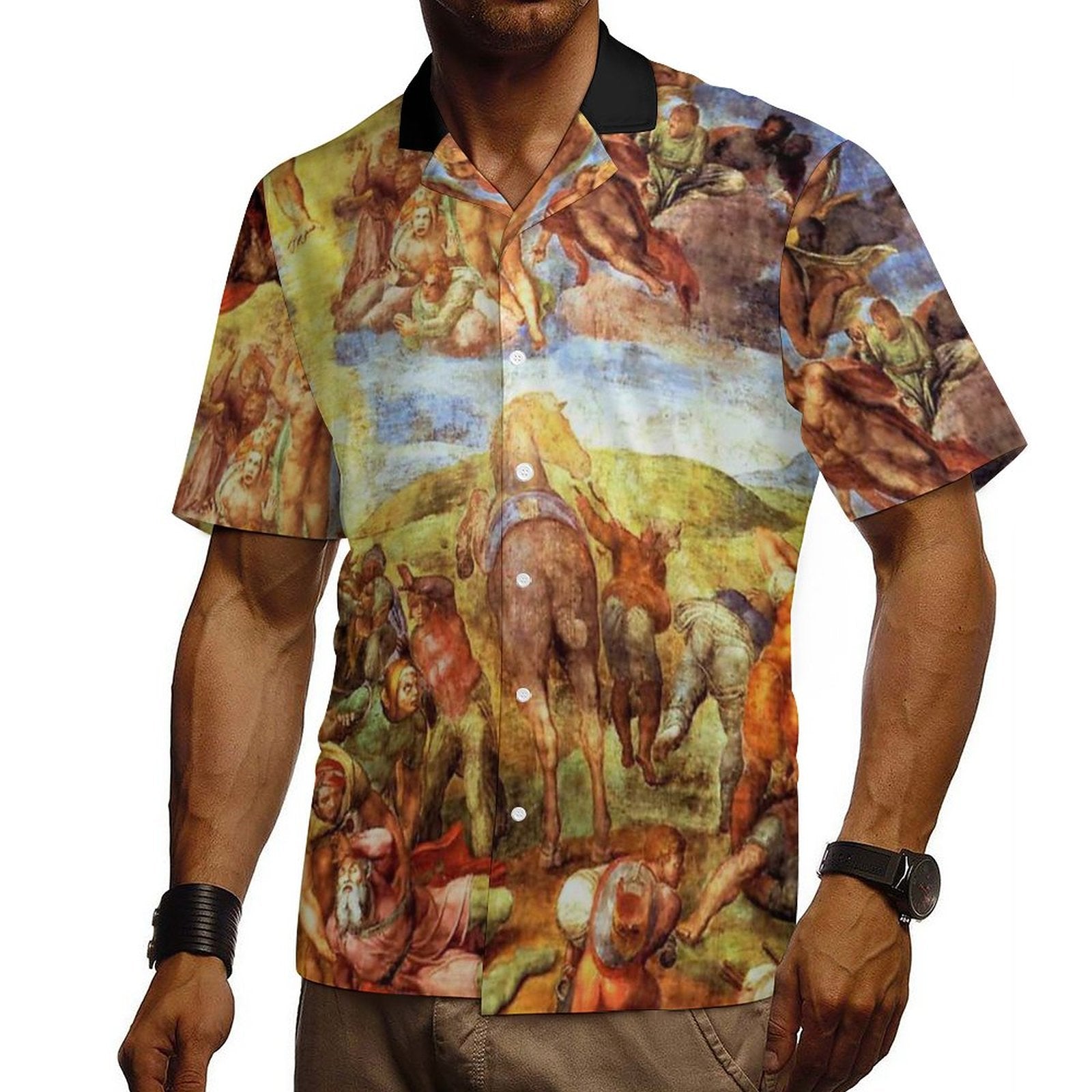 DTG 190gsm Cotton Men's Cuban Collar Short-Sleeve Shirt(All-Over Printing)