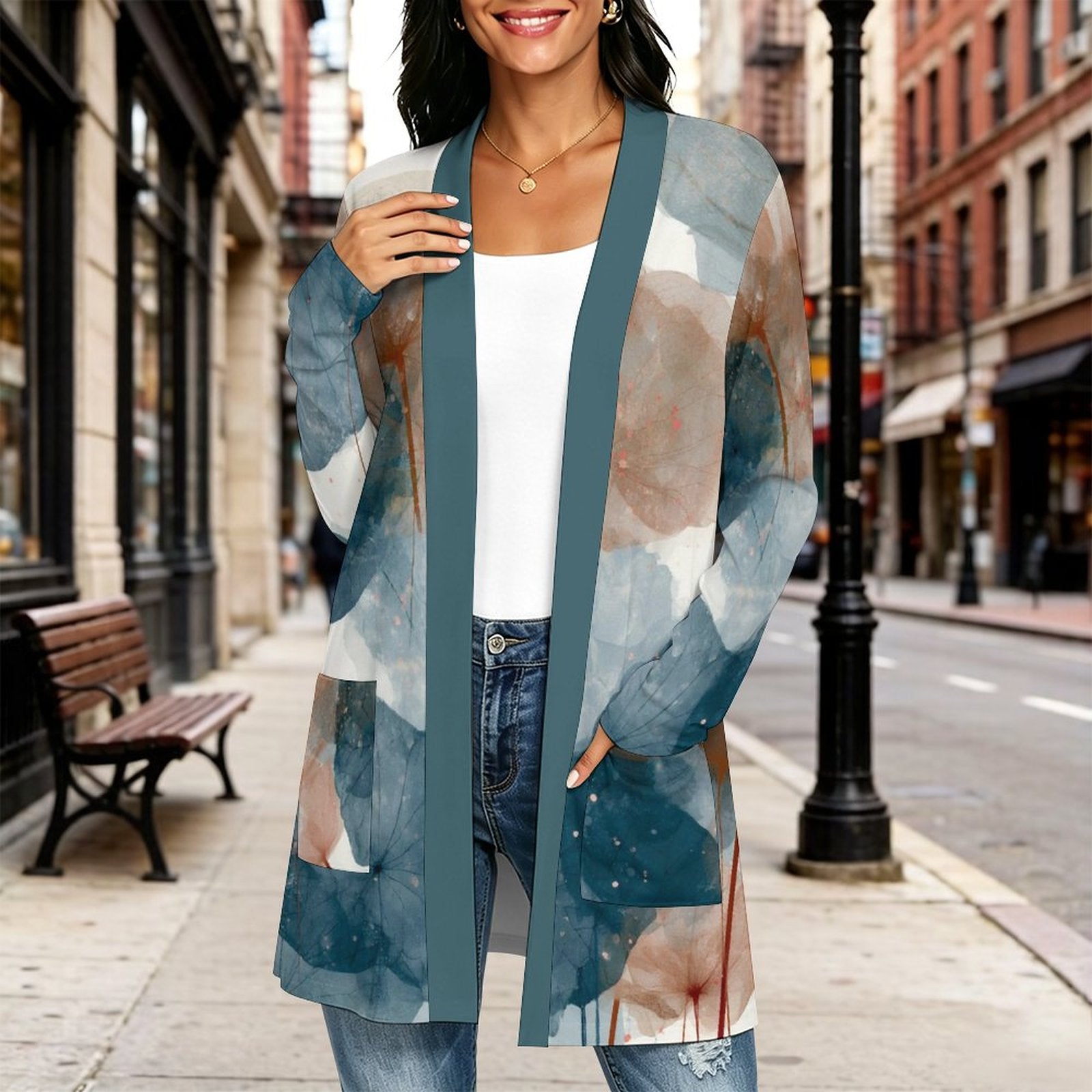 180gsm Women's Long Sleeve Cardigan With Pockets(All-Over Printing)floral teal