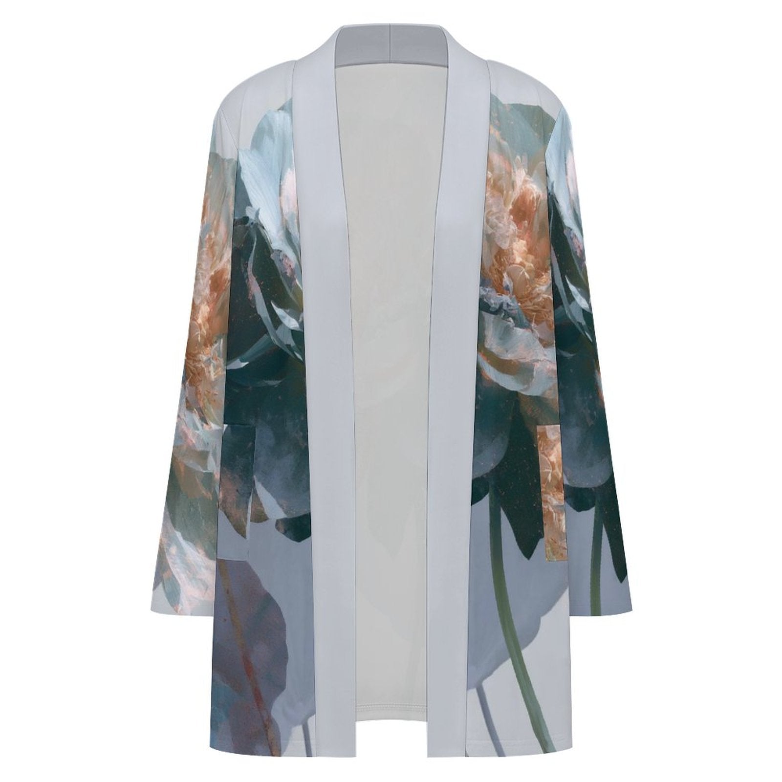 180gsm Women's Long Sleeve Cardigan With Pockets(All-Over Printing) light blue and orange floral