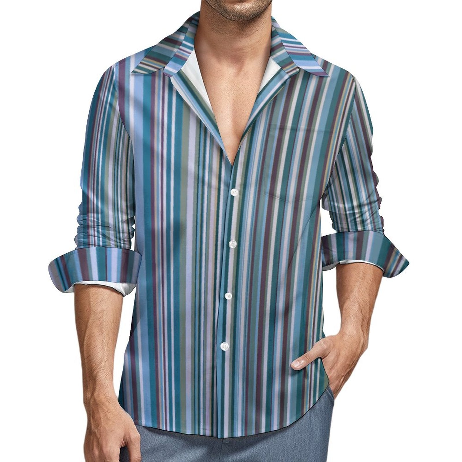 135gsm Casual Long-Sleeve Shirt for Men(All-Over Printing) BLUE AND MUTED COLOR STRIPED SHIRT