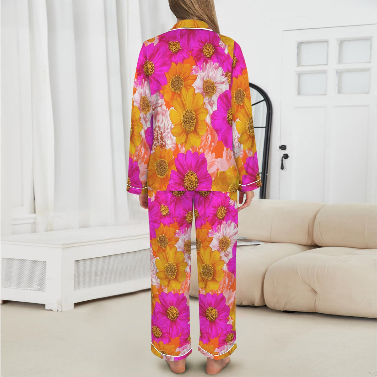 Women's 1950s Pop Art Floral Satin Pajama Set