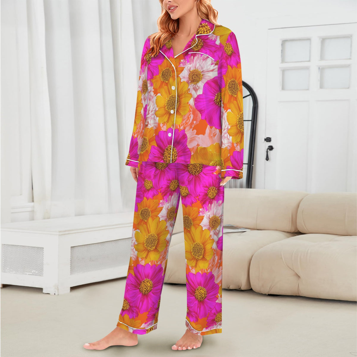 Women's 1950s Pop Art Floral Satin Pajama Set