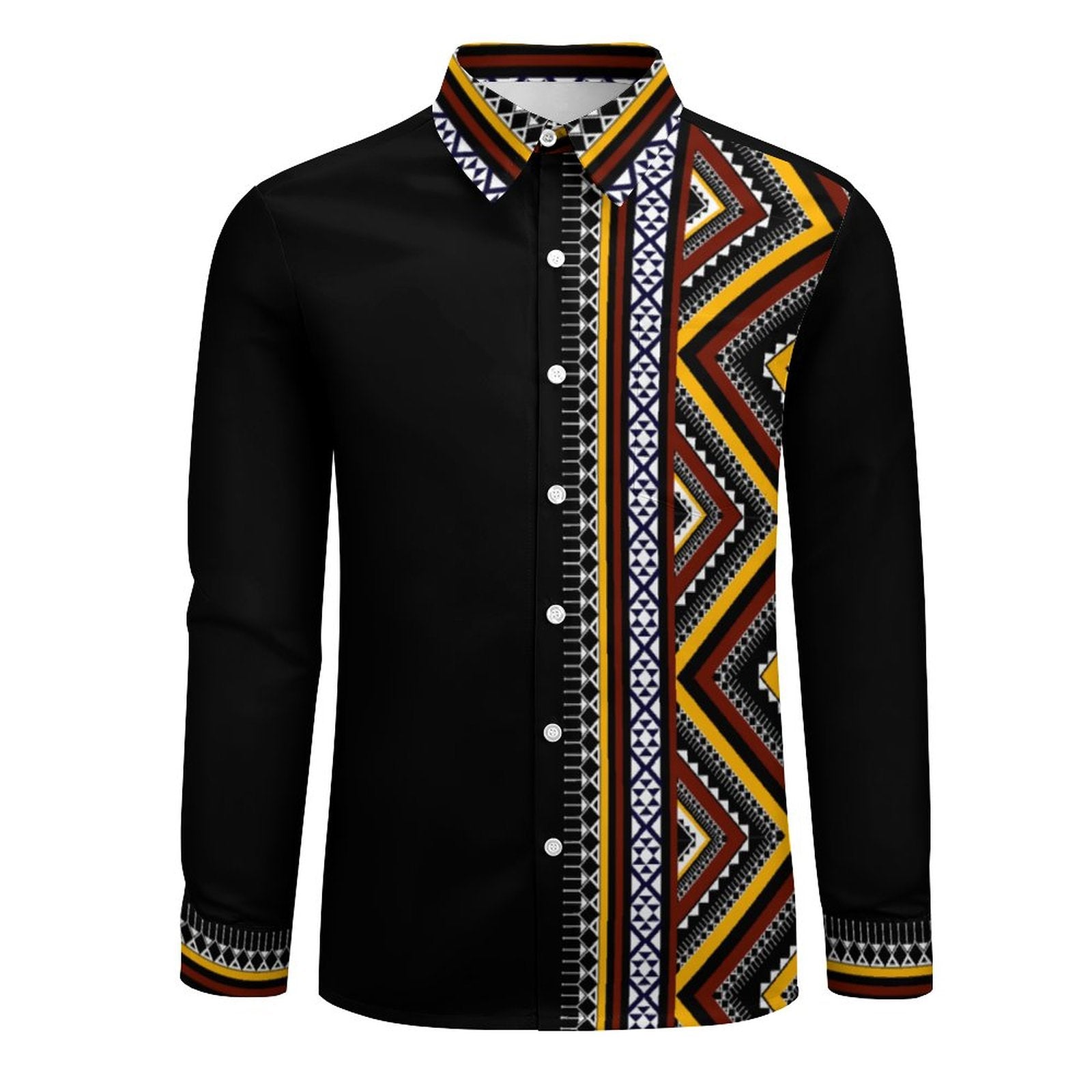Men's Long Sleeve Shirt with Pocket(All-Over Printing) Southwest pattern black, burgundy, orange