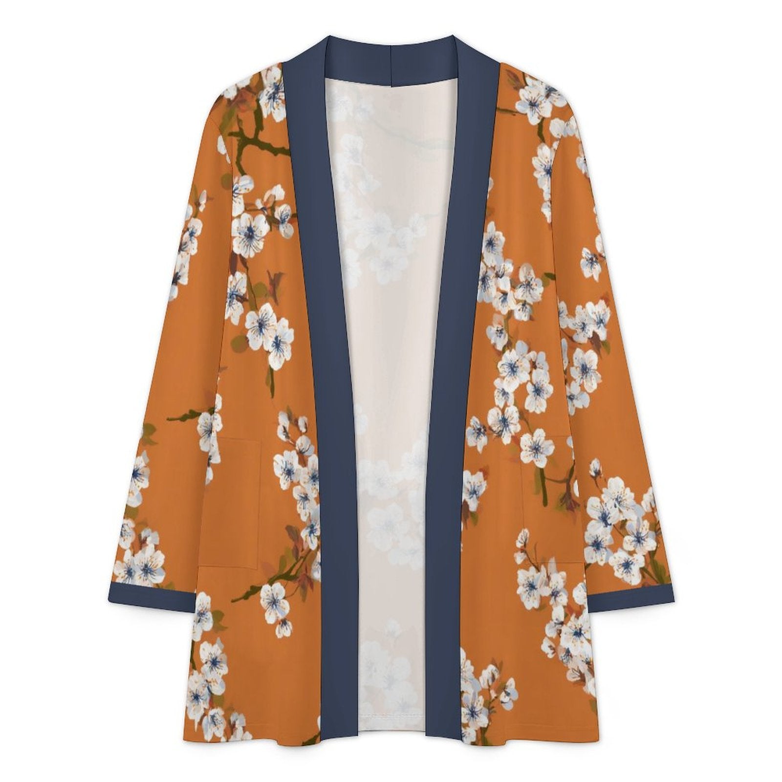 180gsm Women's Long Sleeve Cardigan With Pockets(All-Over Printing) white dogwood pattern orange background