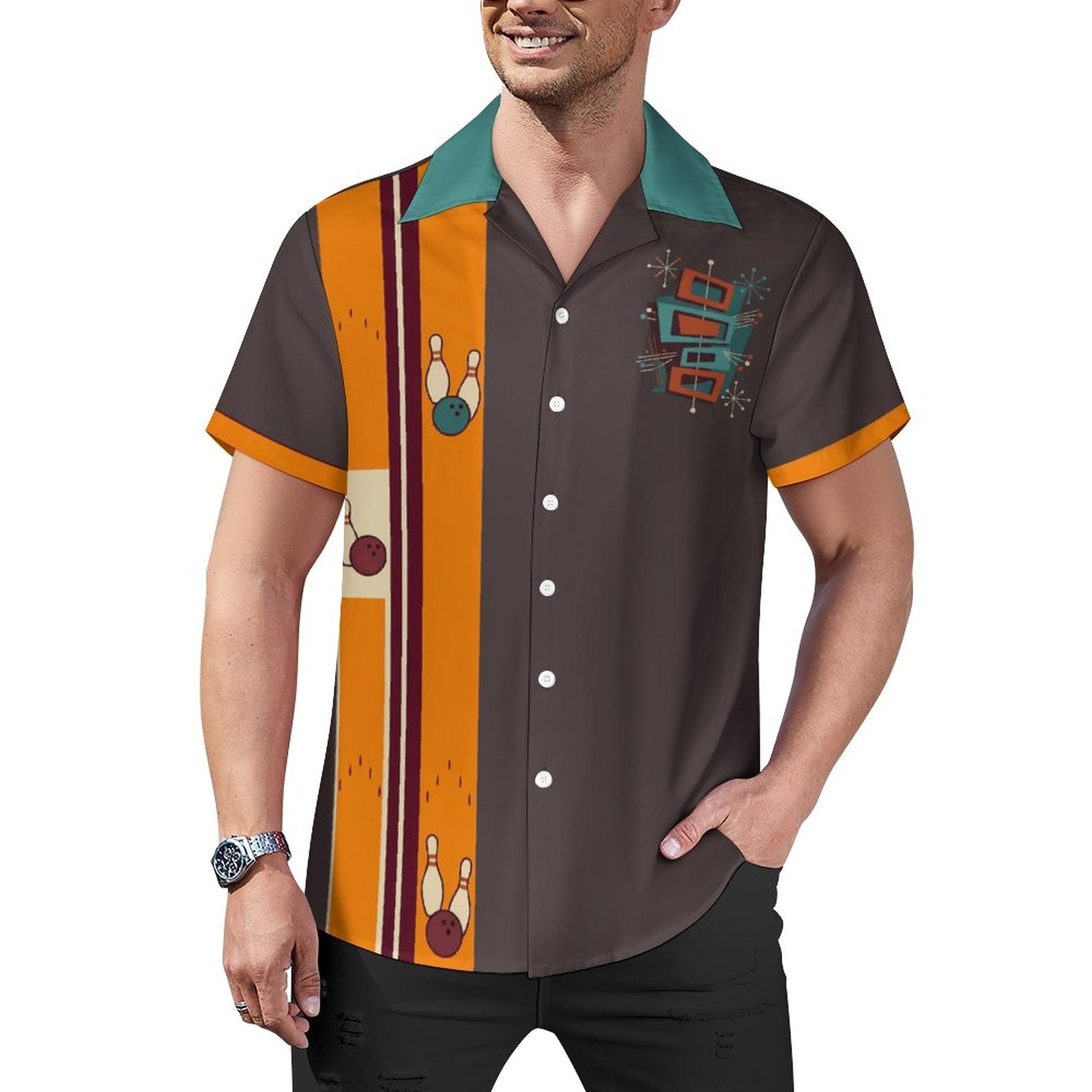 Short Sleeve Cuban Collar Shirt(All-Over Printing) brown bowler