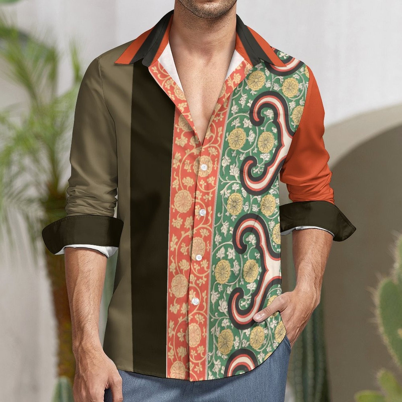 Men's Long Sleeve Shirt with Pocket(All-Over Printing)  orange and olive Indian print