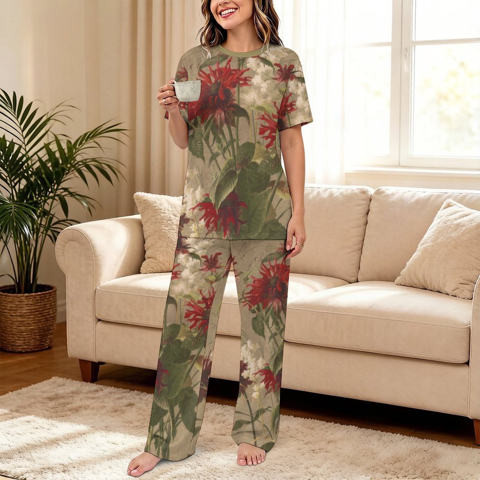 180gsm Short Sleeved Pajama Set(All-Over Printing) floral print beige, red, green