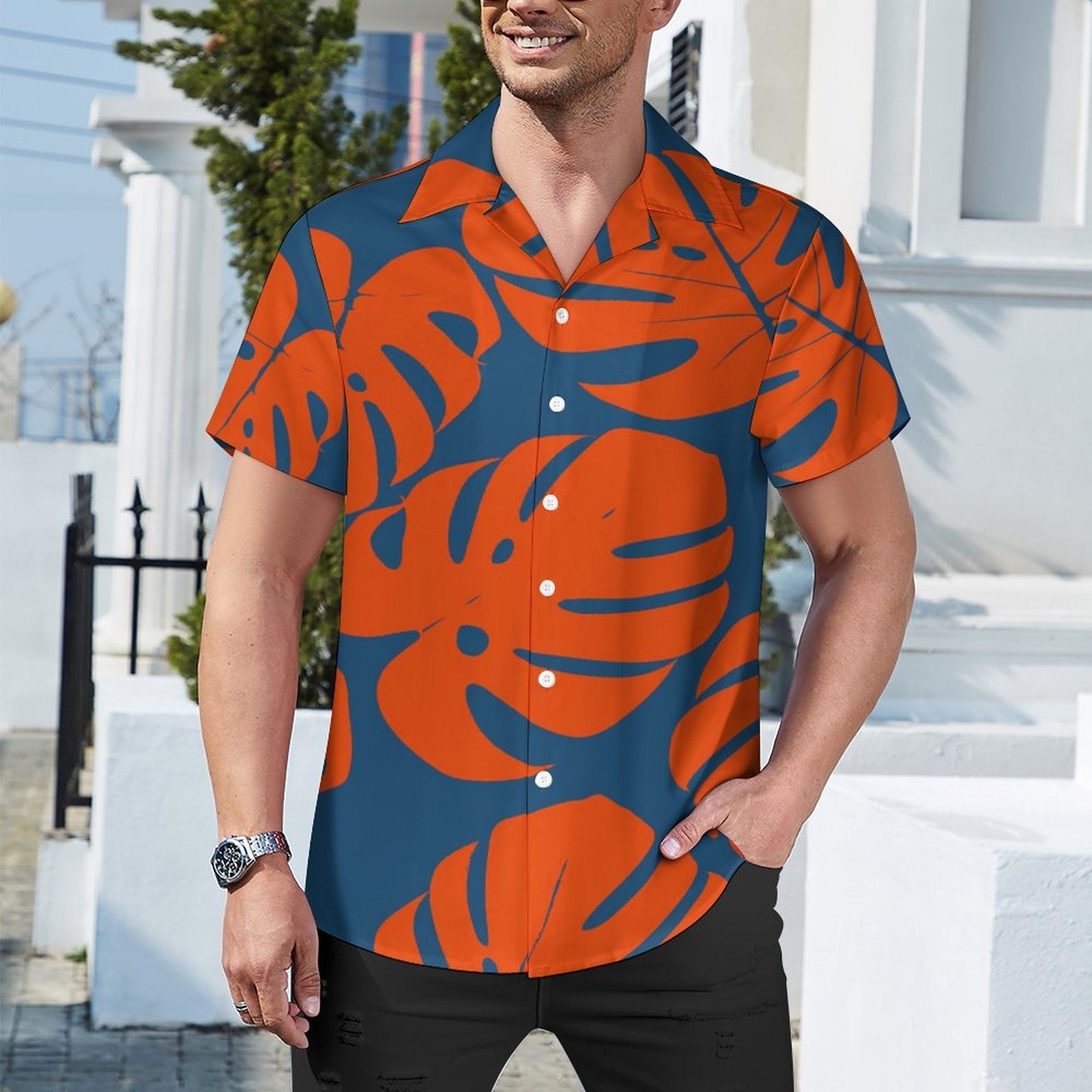 Short Sleeve Cuban Collar Shirt(All-Over Printing) palm leaves neon orange electric blue Hawaiian