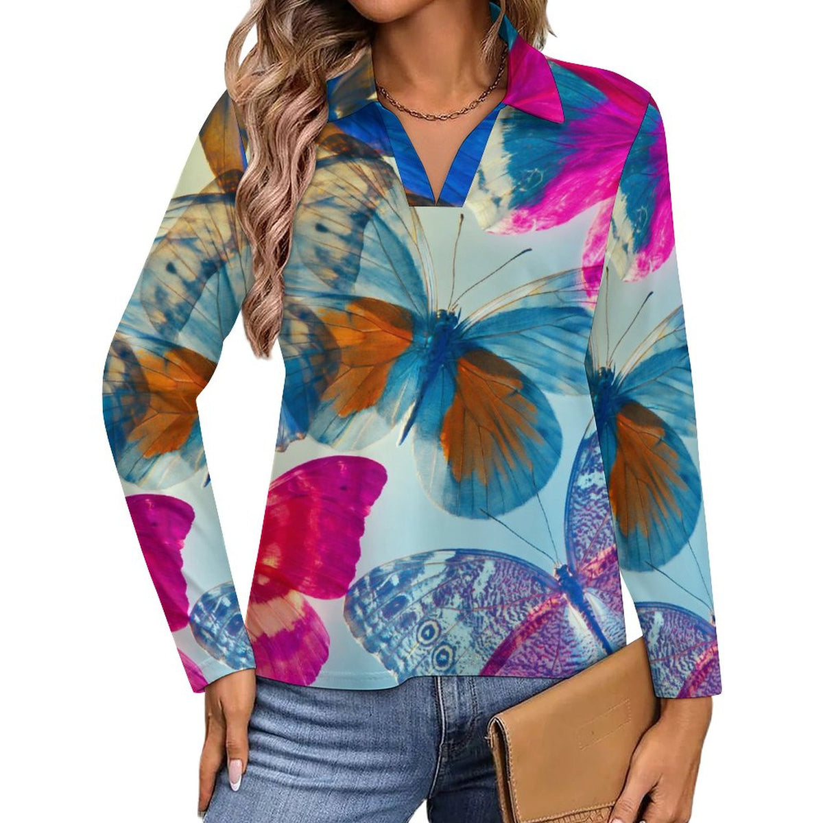 Pink and Blue Butterfly V Neck
