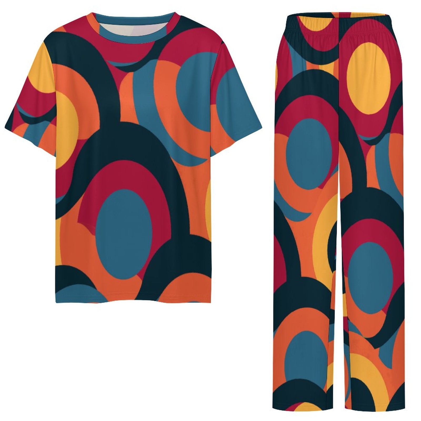 180gsm Short Sleeved Pajama Set(All-Over Printing)retro multicolored circle pattern