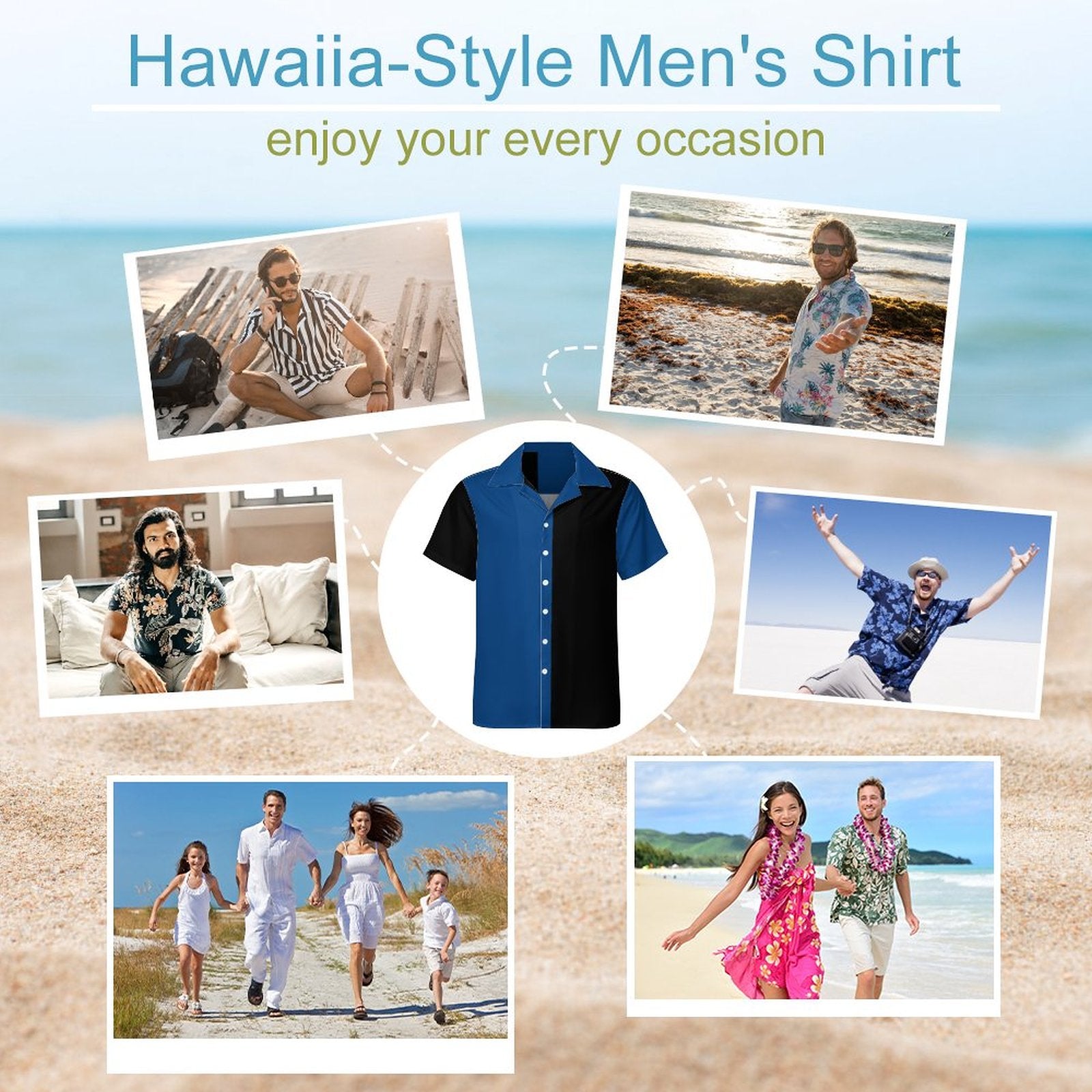 Short Sleeve Cuban Collar Shirt(All-Over Printing)blue and black