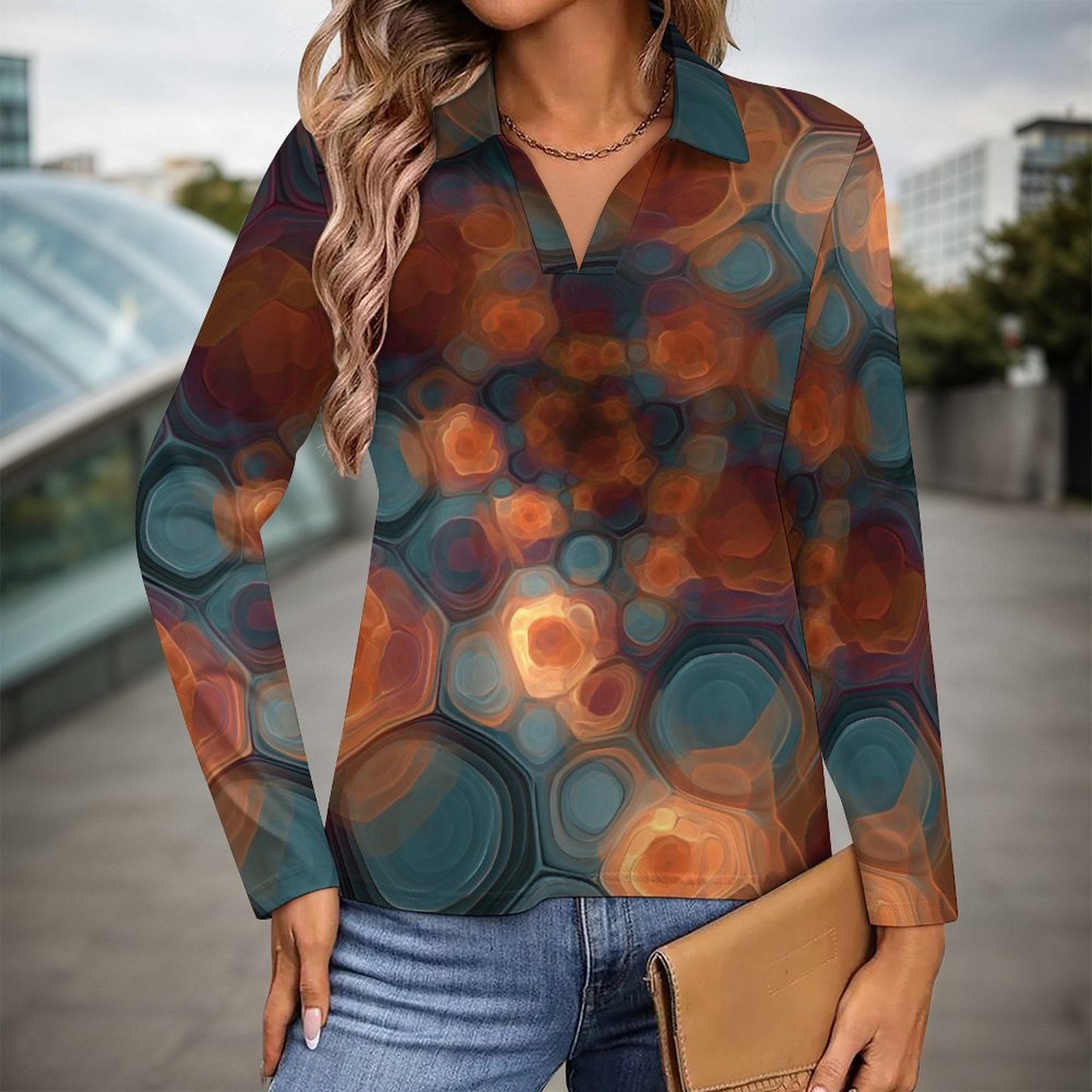 UPF50+ 180gsm Women's Sunscreen Shirt(All-Over Printing) retro psychedelic geometric multicolored design