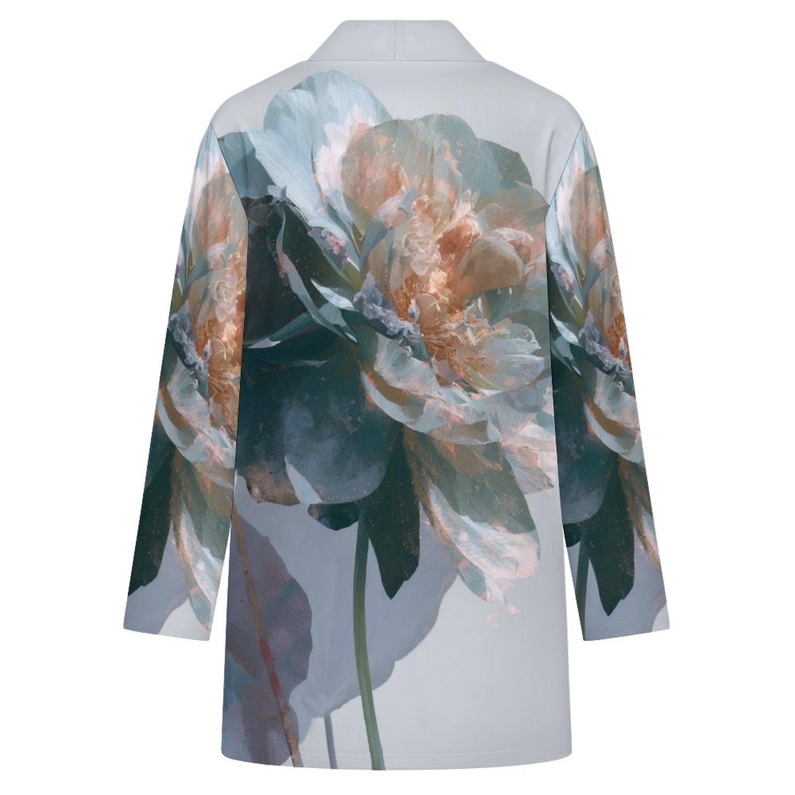 180gsm Women's Long Sleeve Cardigan With Pockets(All-Over Printing) light blue and orange floral