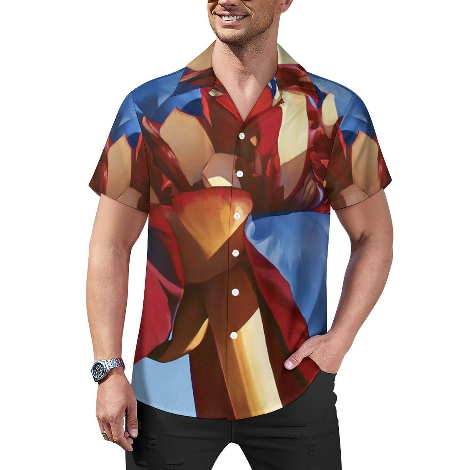 Short Sleeve Cuban Collar Shirt(All-Over Printing) red blue floral