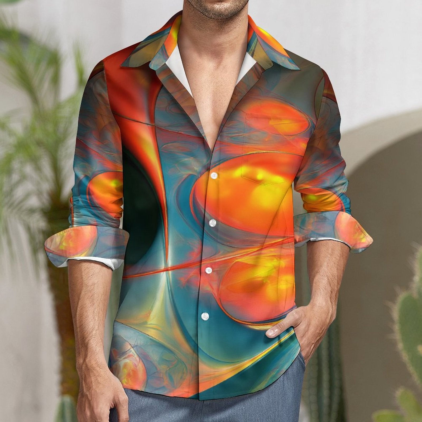 Men's Long Sleeve Shirt with Pocket(All-Over Printing)disco orange