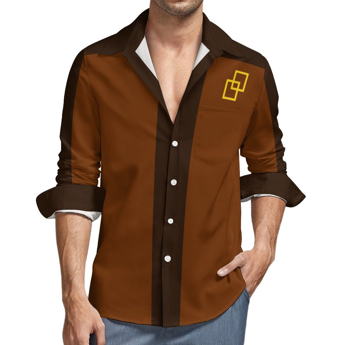Faux Linen Men Long Sleeve Shirt with Pocket(All-Over Printing)