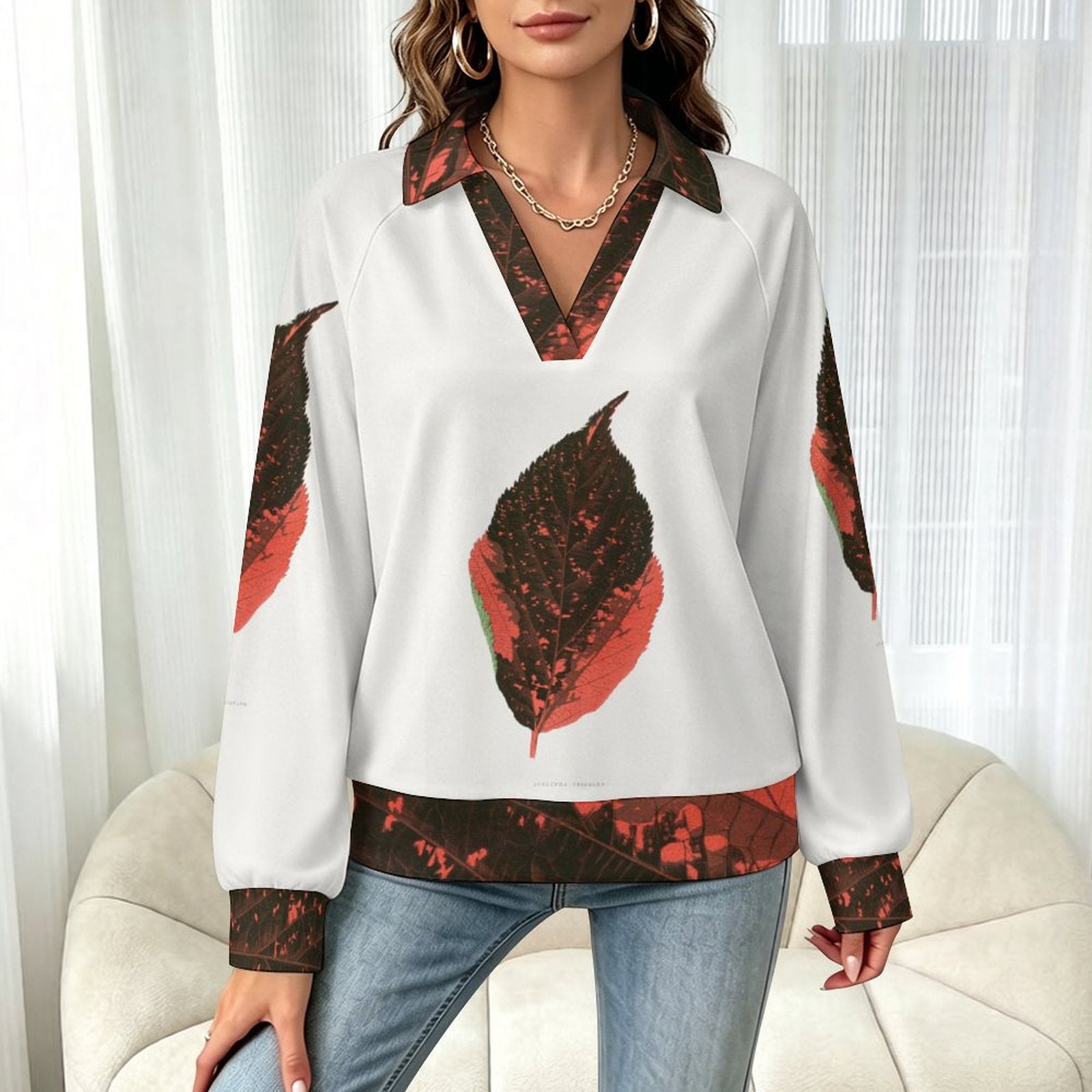 170gsm Casual Long Sleeve V-Neck Sweatshirt(All-Over Printing) Orange leaf pattern