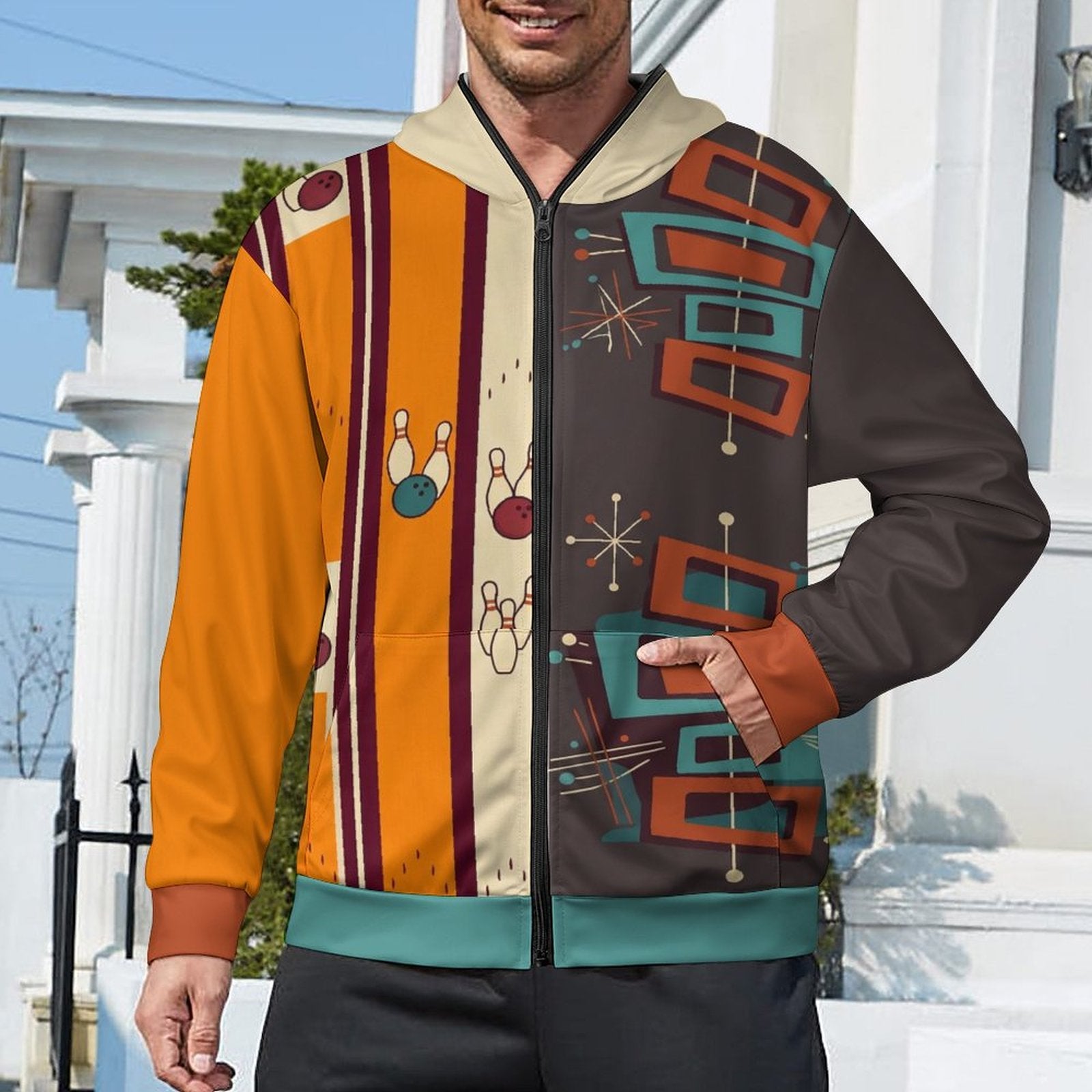 280gsm Full Zip Hoodie For Men(All-Over Printing) retro bowling pattern brown orange rust teal