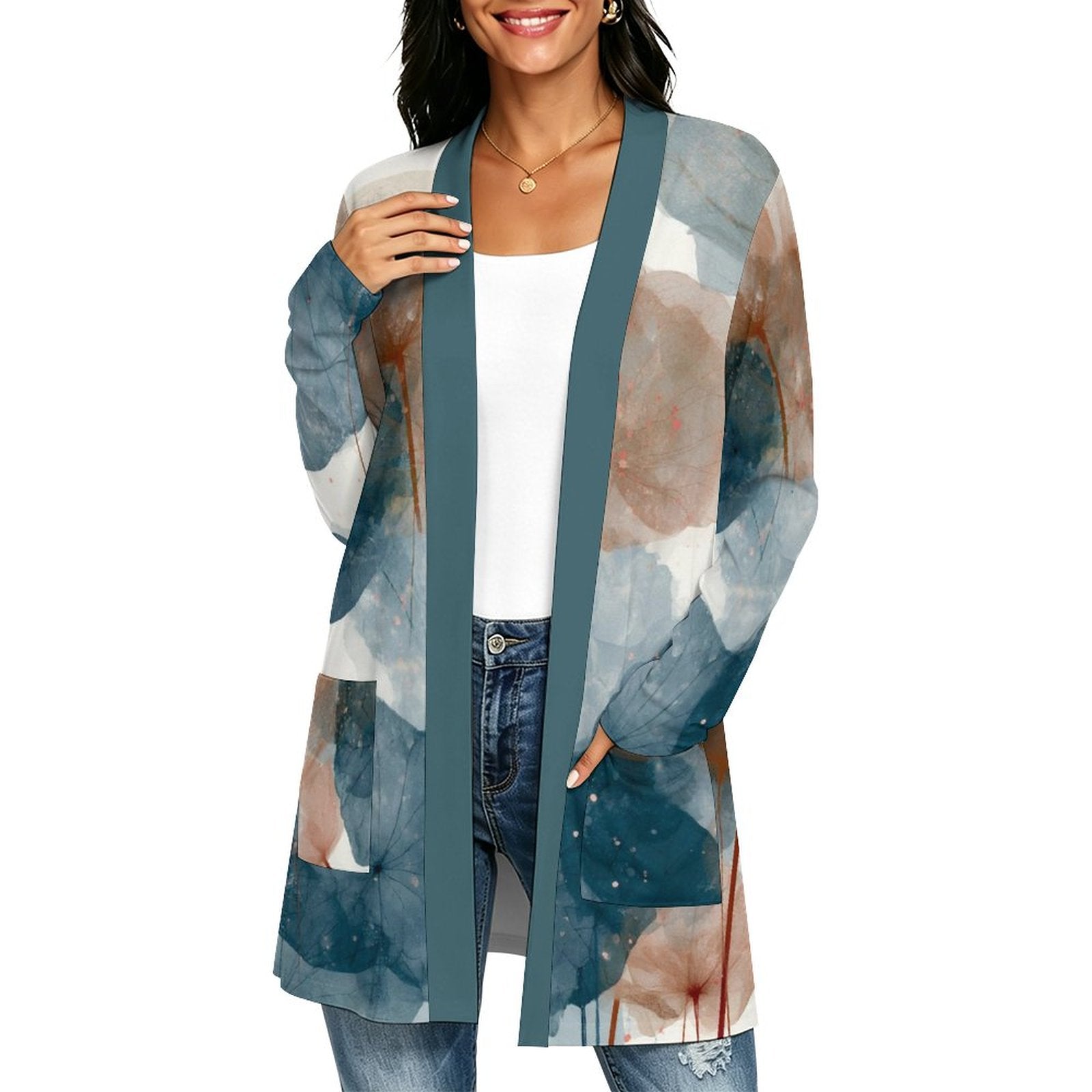 180gsm Women's Long Sleeve Cardigan With Pockets(All-Over Printing)floral teal