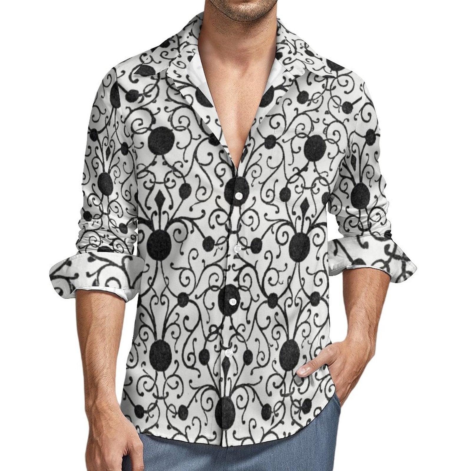 135gsm Casual Long-Sleeve Shirt for Men(All-Over Printing) Mediterranean pattern black and white