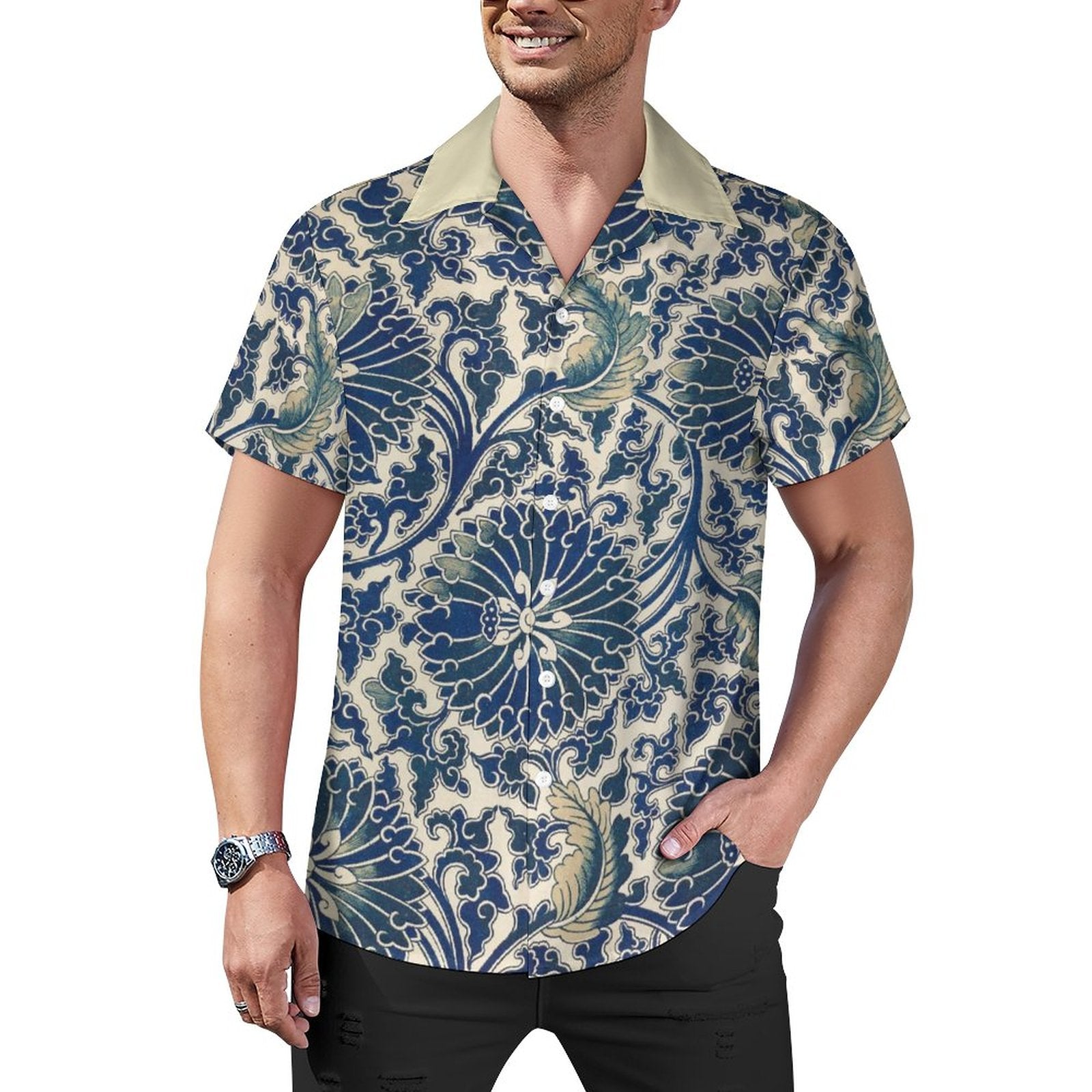 Men's Short Sleeve Hawaiian Print Shirt with Cuban Collar(All-Over Printing) Blue pattern