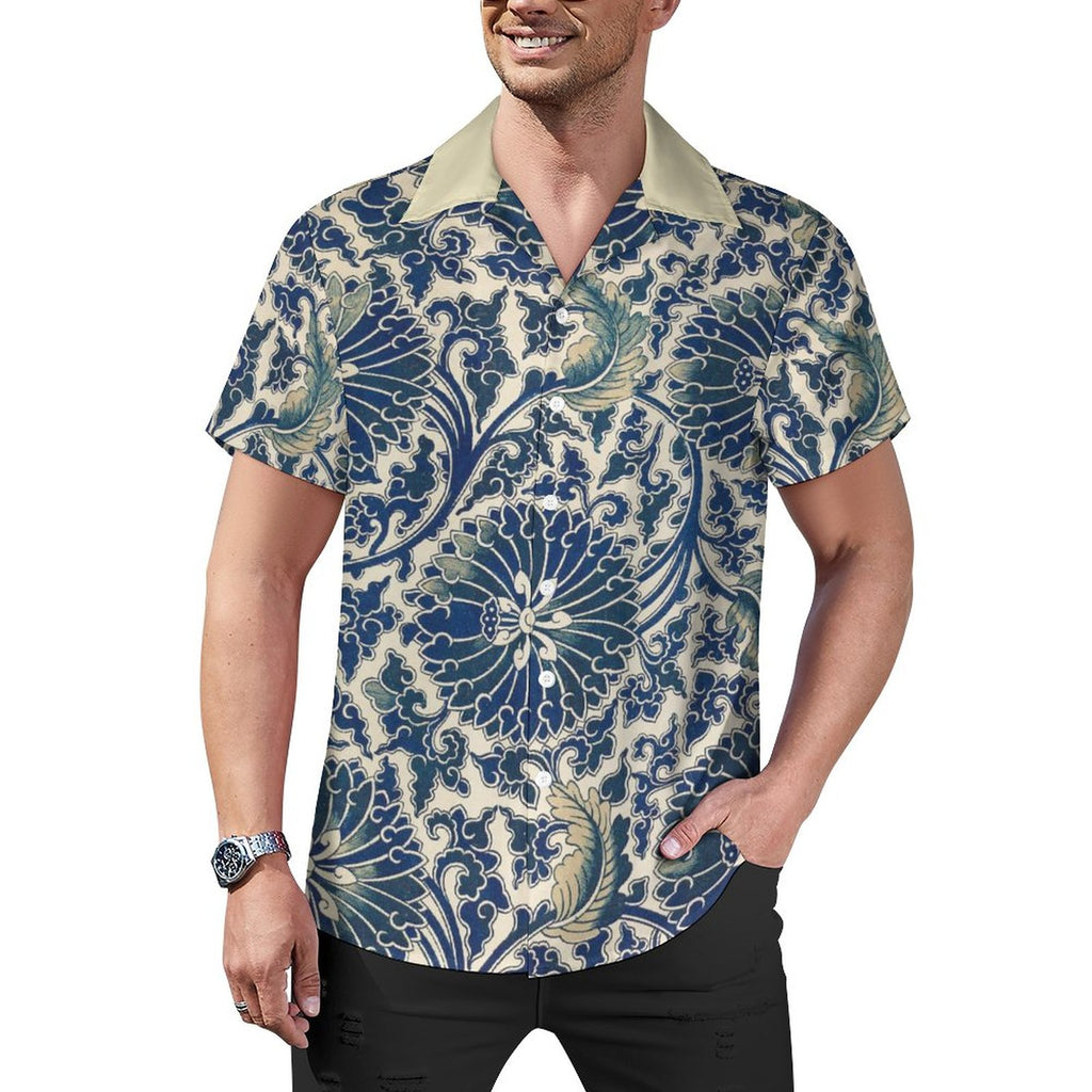 Men's Short Sleeve Hawaiian Print Shirt with Cuban Collar(All-Over Printing) Blue pattern
