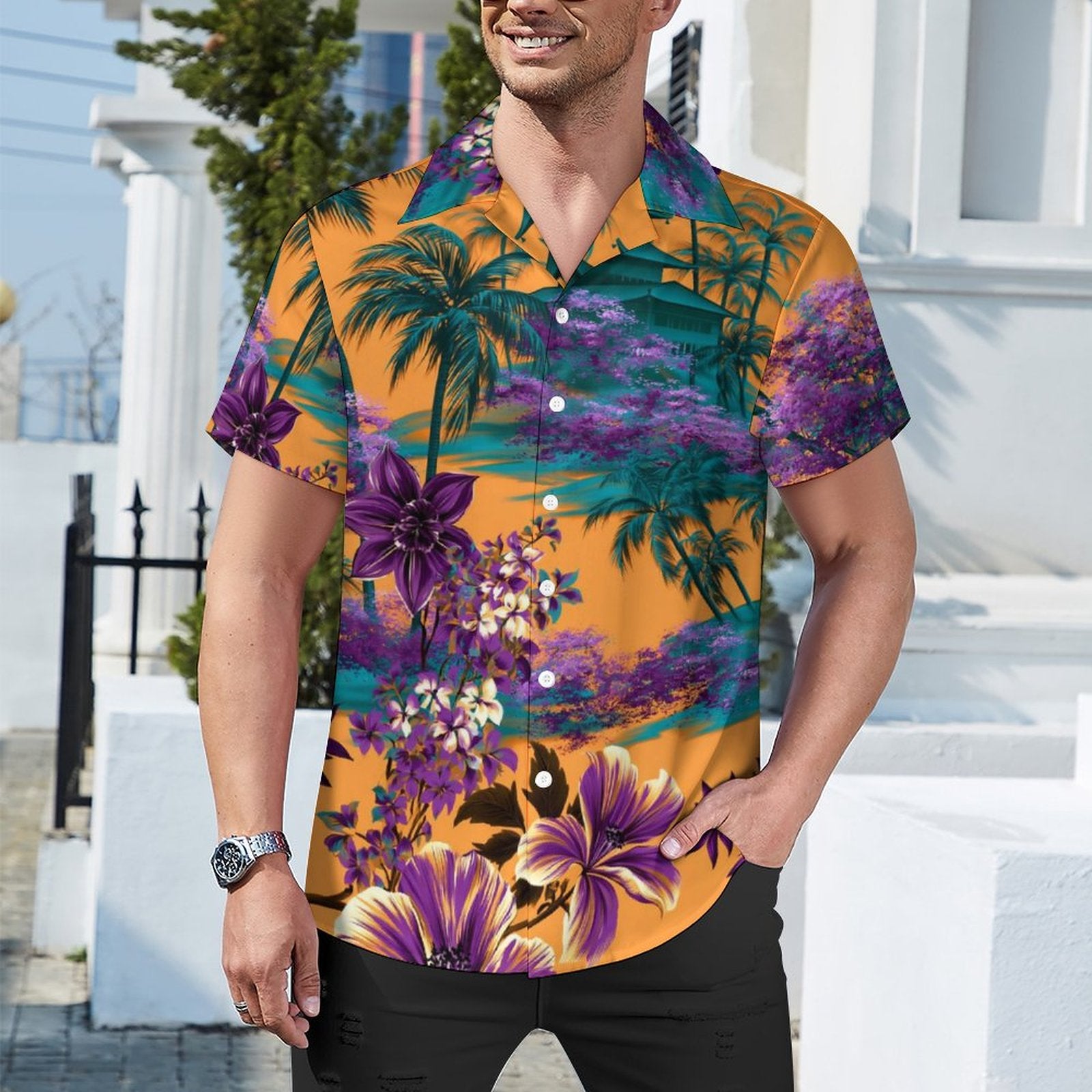 Short Sleeve Cuban Collar Shirt(All-Over Printing) Hawaiian orange, purple