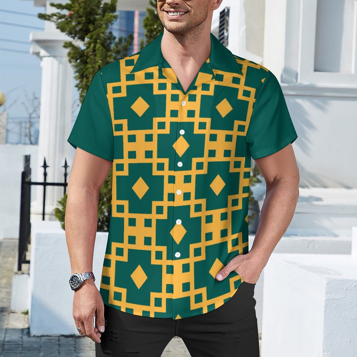 Short Sleeve Cuban Collar Shirt(All-Over Printing) green and yellow grid