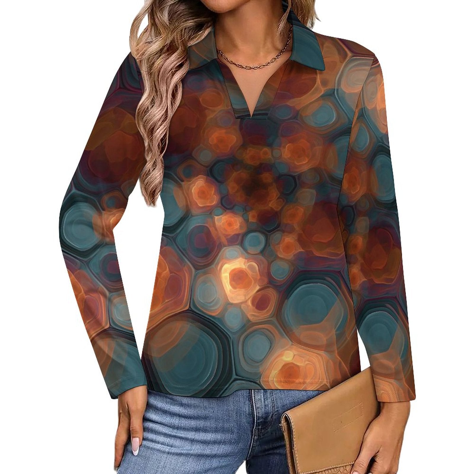 UPF50+ 180gsm Women's Sunscreen Shirt(All-Over Printing) retro psychedelic geometric multicolored design