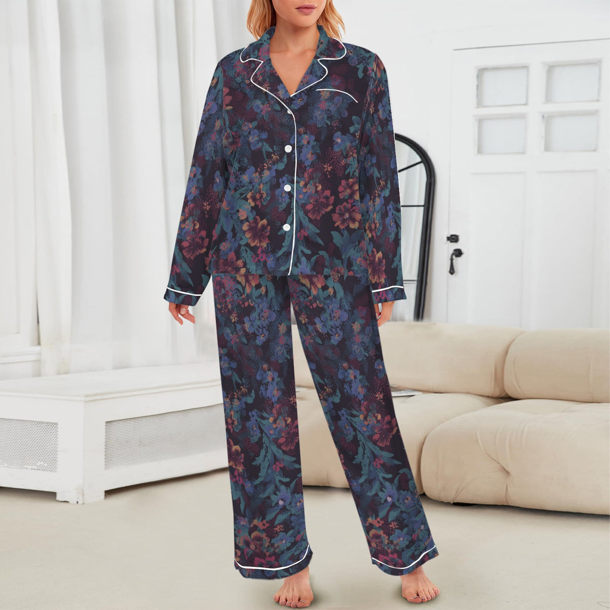 Women's Floral Vintage Maroon Satin Pajama Set