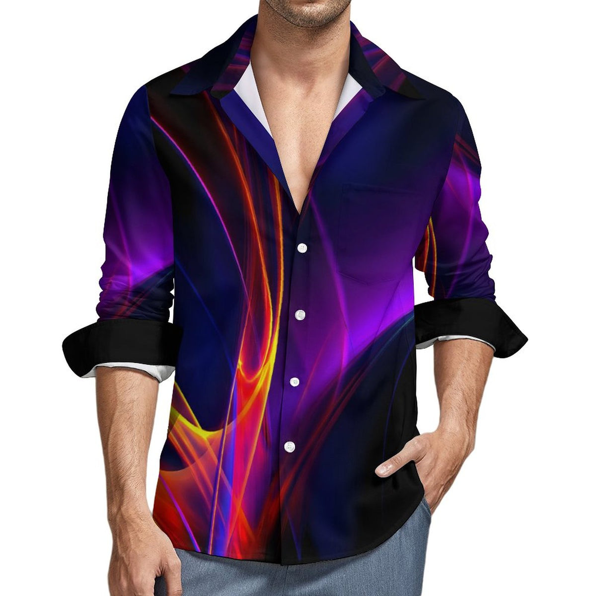 Faux Linen Men Long Sleeve Shirt with Pocket(All-Over Printing)