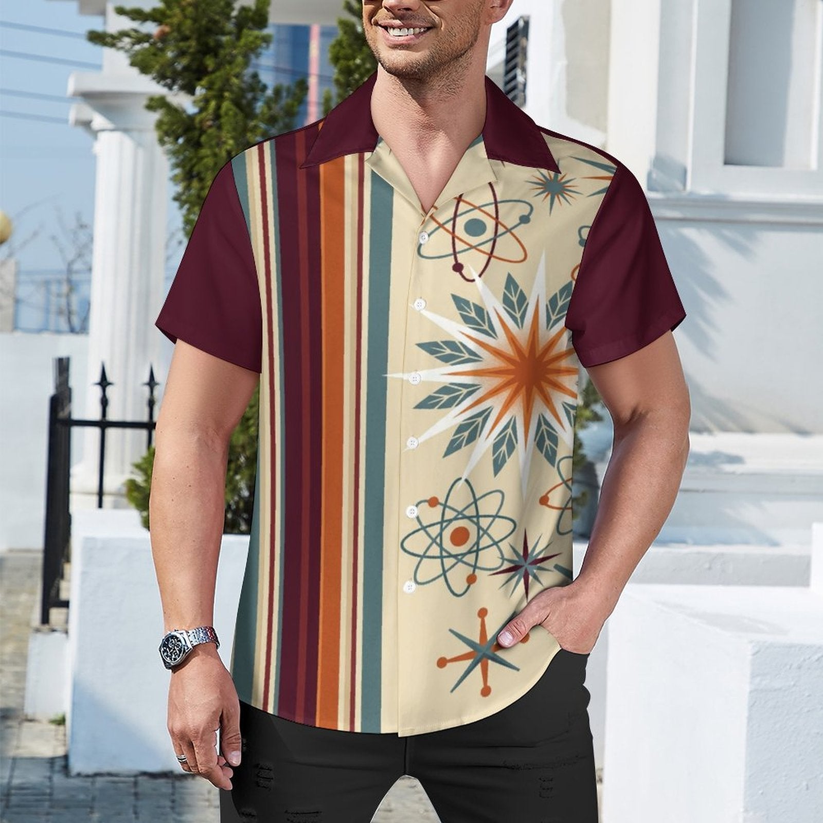 Short Sleeve Cuban Collar Shirt(All-Over Printing) burgundy retro pattern beige starburst
