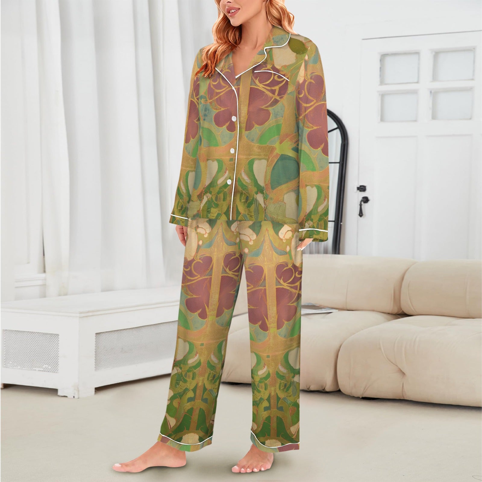 winter.moon__frank_lloyd_wright_patterns_of_blue_and_maroon_and_78fe57b5-96c0-44dd-a44b-d6130b119d3c Women's Long Sleeve Satin Pajama Set
