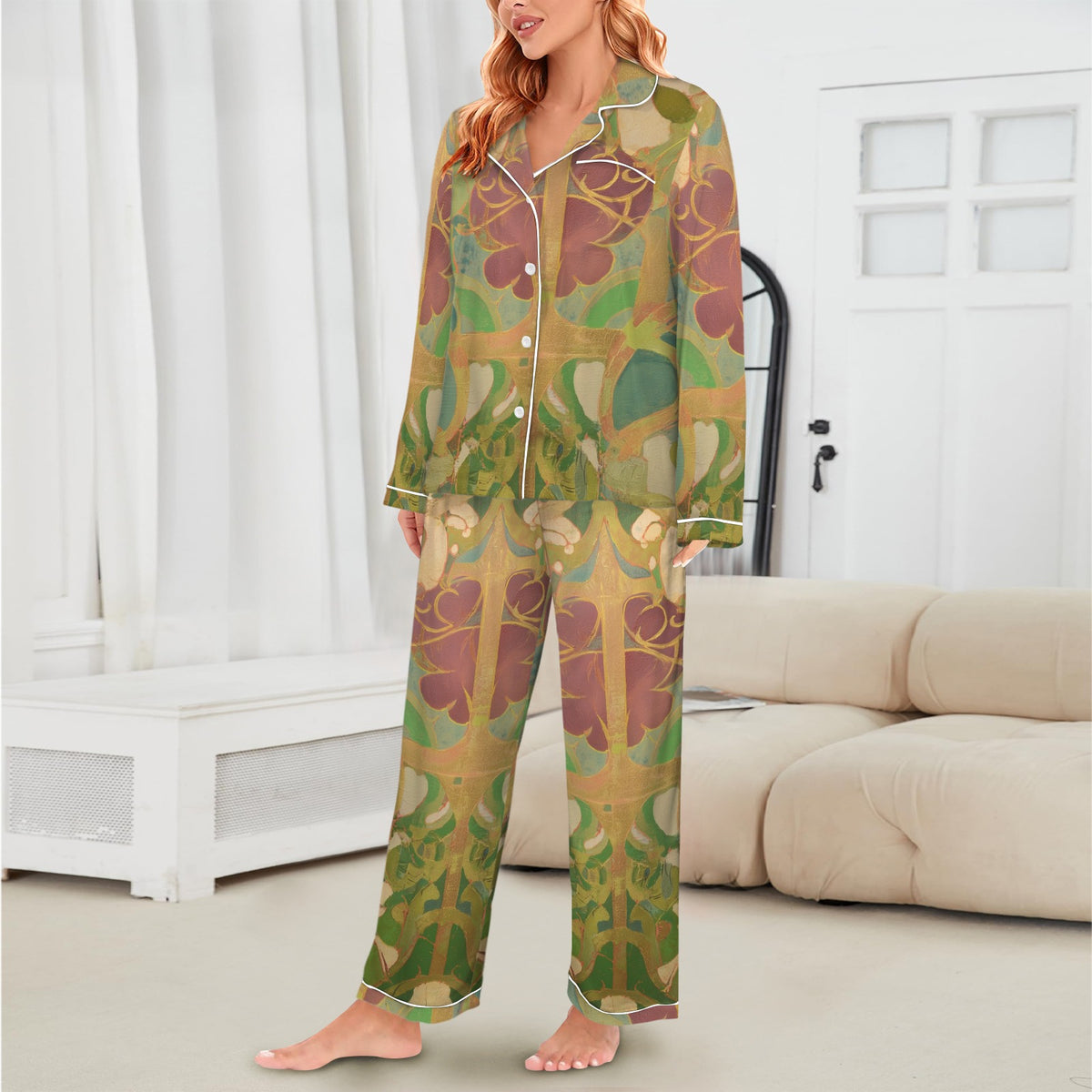 Women's Satin Pajama Set Blue Maroon Floral Print