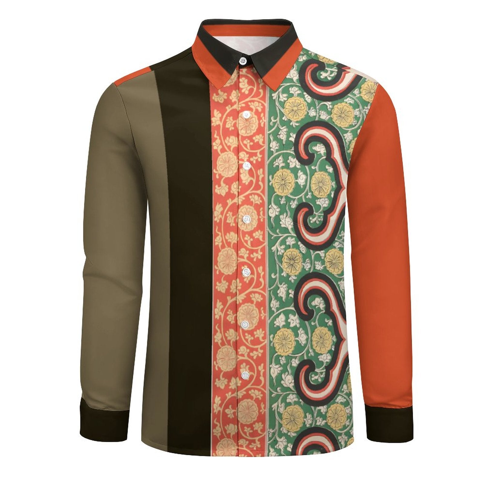 Men's Long Sleeve Shirt with Pocket(All-Over Printing)  orange and olive Indian print