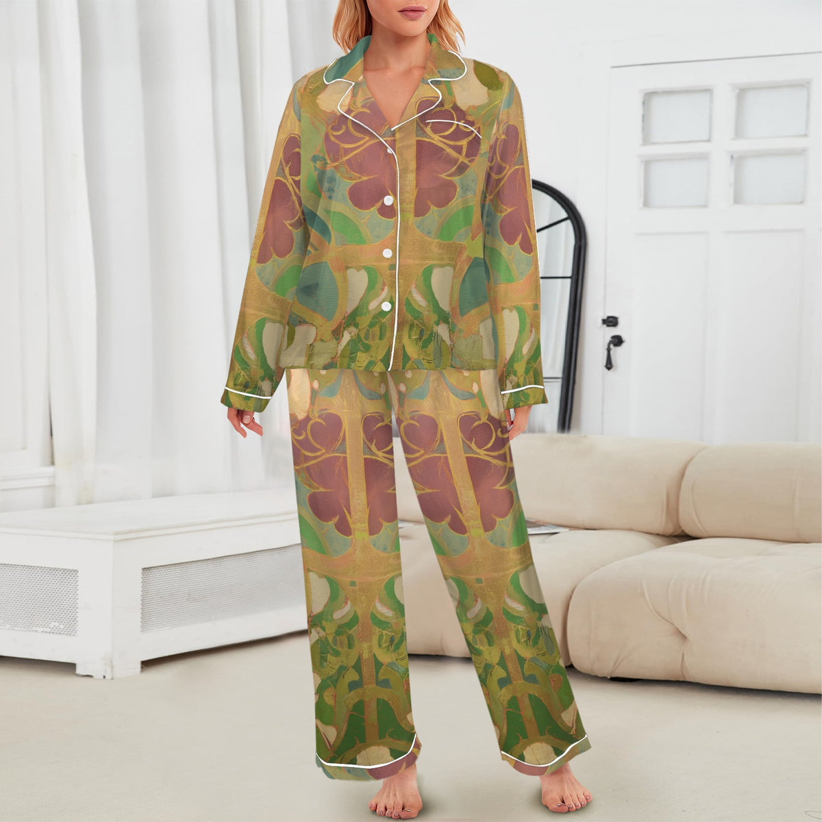 Frank Lloyd Wright Blue & Maroon Satin Pajama Set