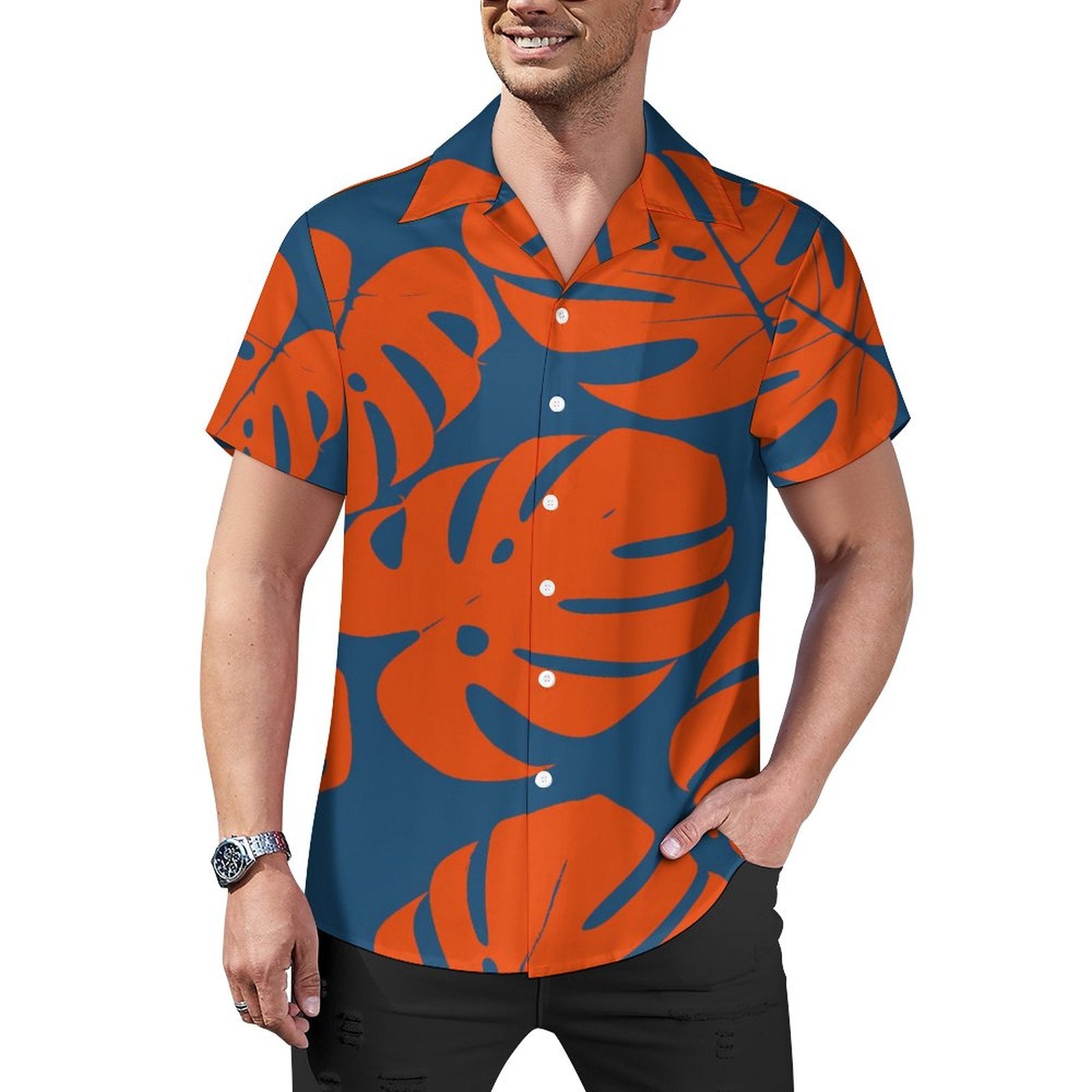 Short Sleeve Cuban Collar Shirt(All-Over Printing) palm leaves neon orange electric blue Hawaiian